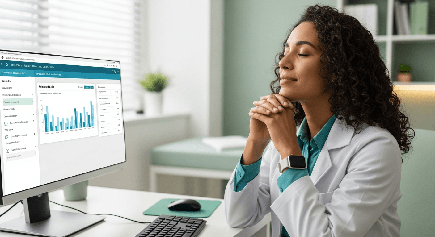 Gestora de clínica médica brasileira conferindo repasses financeiros automatizados em dashboard digital