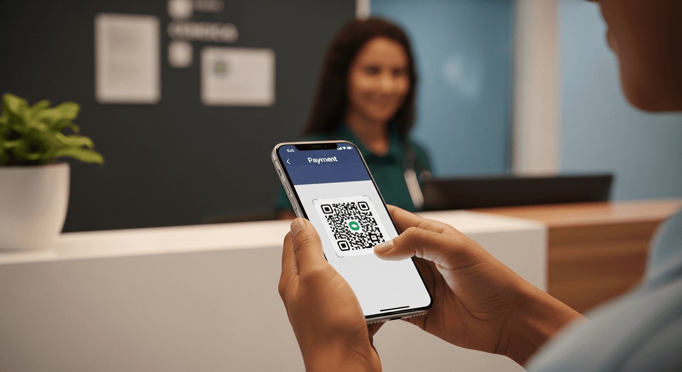 Paciente brasileira escaneando QR Code PIX no celular em recepção de clínica médica com atendente sorridente