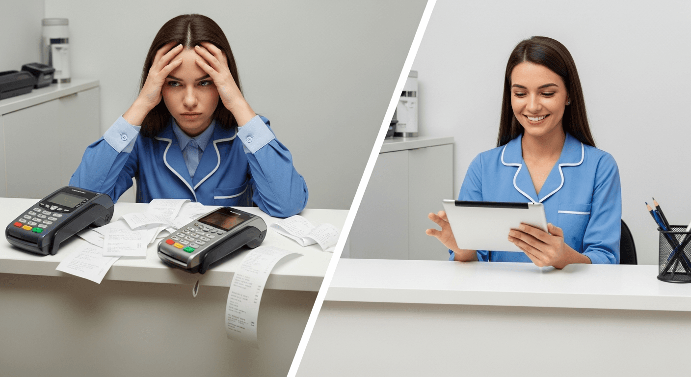 Comparação visual entre maquininha tradicional e dashboard de plataforma financeira completa em clínica médica brasileira