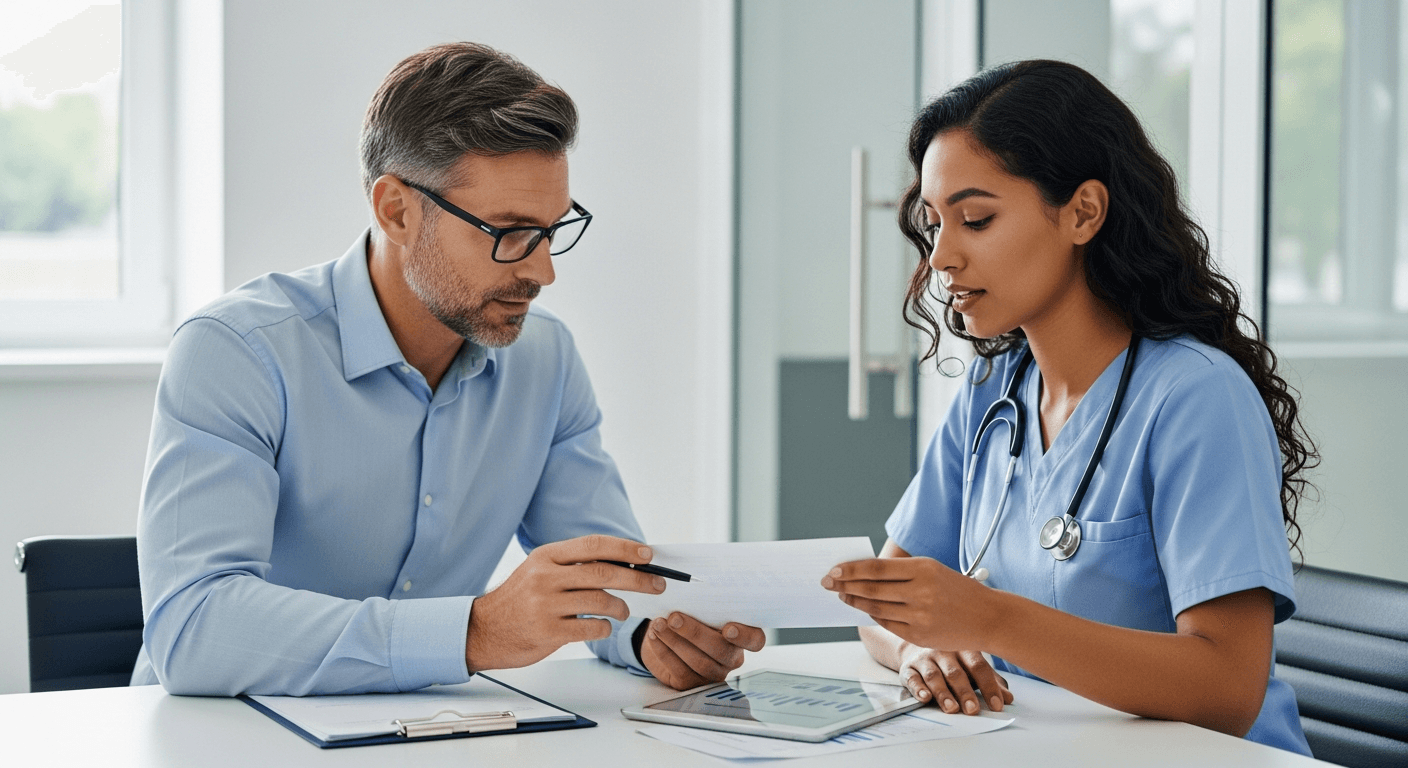 Contador brasileiro e gestora de clínica médica revisando notas fiscais eletrônicas em sistema digital automatizado