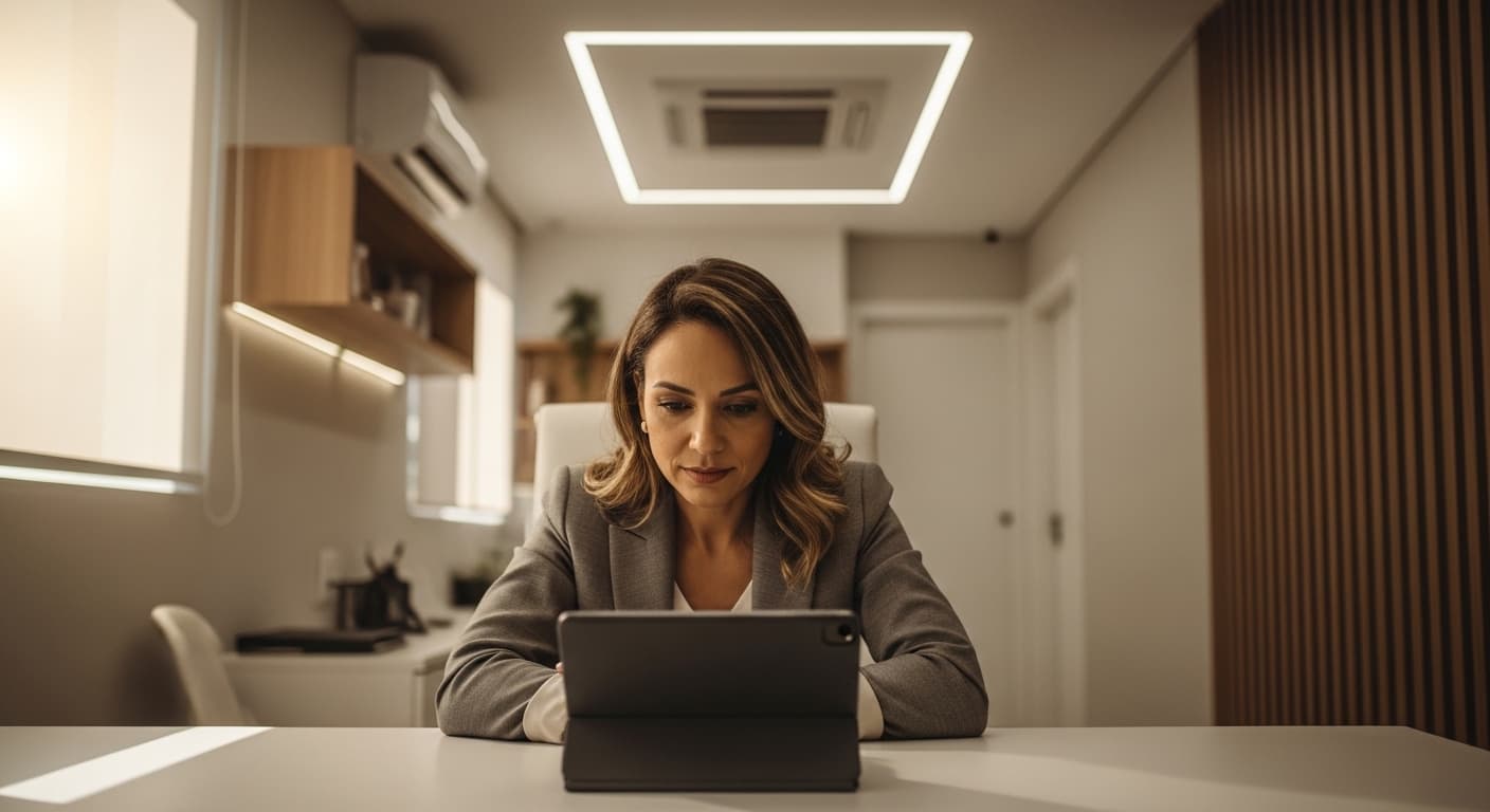 Gestora de clínica médica analisando relatório financeiro de pagamentos recorrentes em tablet apoiado na mesa de trabalho