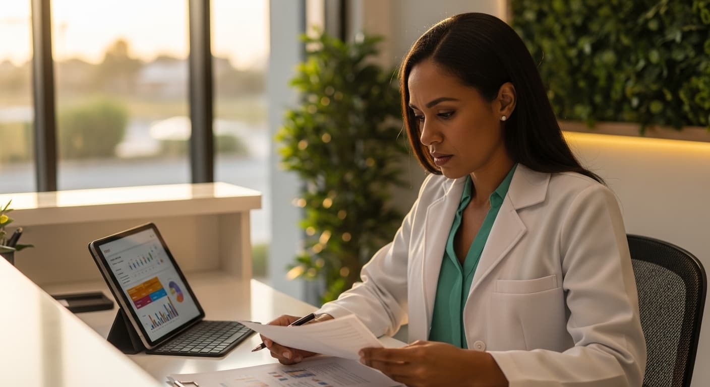 Dashboard financeiro de clínica médica mostrando impacto da reforma tributária no fluxo de caixa