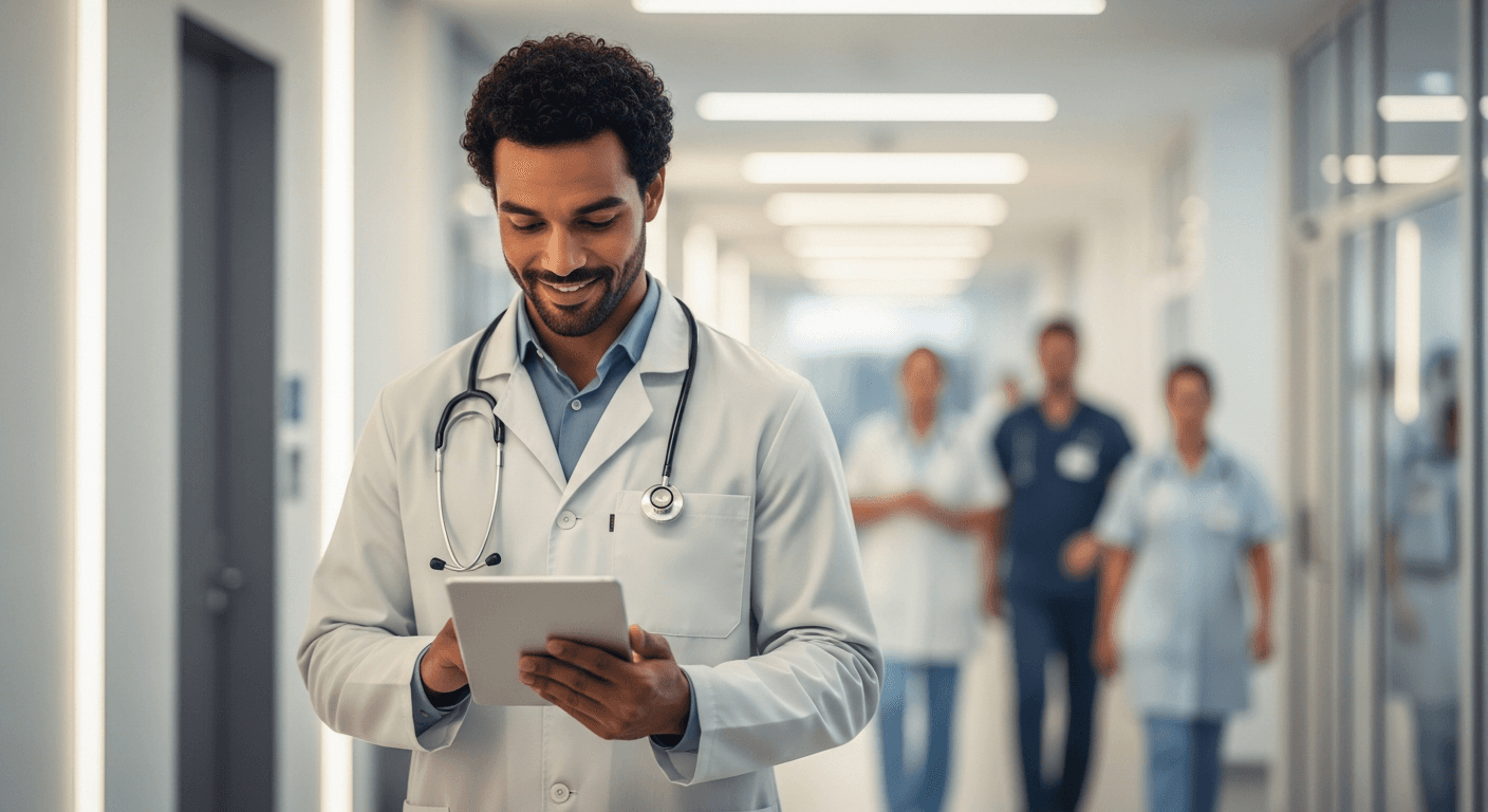 Médico brasileiro sorridente conferindo seus repasses financeiros em tablet no corredor de clínica médica moderna