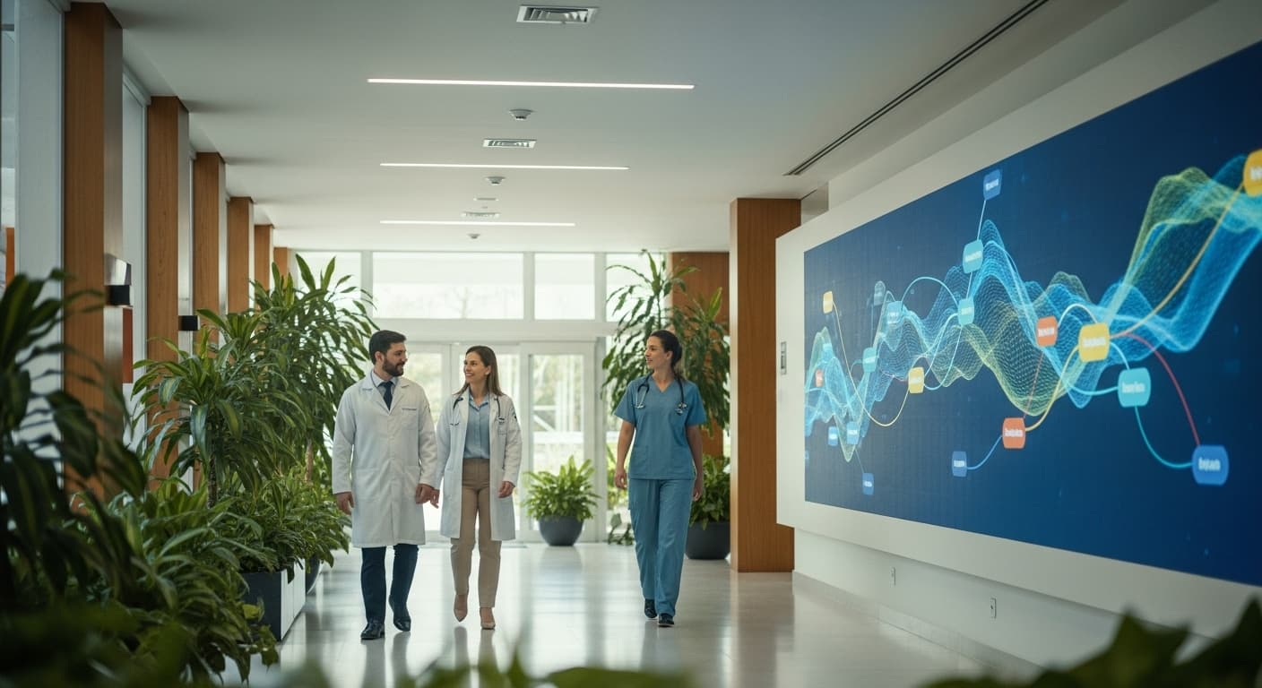 Médicos e fisioterapeutas em clínica multiprofissional brasileira com painel digital mostrando distribuição automática de receita entre profissionais de saúde