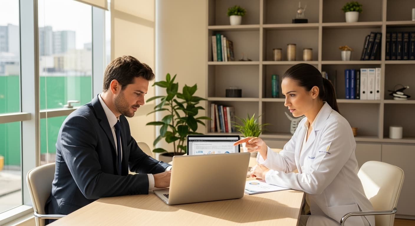 Contador e médico brasileiros analisando documentos fiscais e impacto da reforma tributária em clínica médica com laptop aberto mostrando planilha financeira